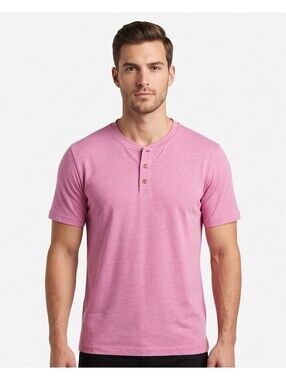 STS Blue Mens L Pink Heather Henley T-Shirt Short Sleeve 3 Button Casual Tee